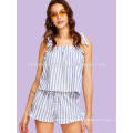 Striped Self Tie Shoulder Top And Ruffle Trim Shorts Set Manufacture Wholesale Fashion Women Apparel (TA4088SS)